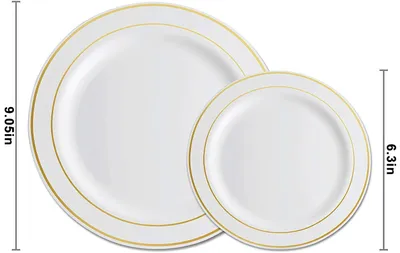 Obrázek produktu pro 50 plastových talířů se stříbrným a zlatým okrajem, 25 talířů na jídlo (15 cm) a 25 talířů na salát (23 cm) na večírky