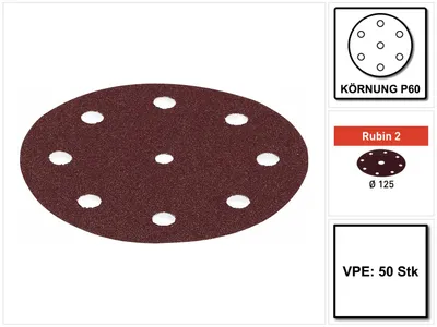 Productafbeelding van Festool Rubin 2 STF D125/8 P60 RU2/50 schuurschijf 125 mm P60 50 stuks ( 499094 ) voor RO 125, ES 125, ETS 125, ETSC 125, ETS EC 125, LEX 125