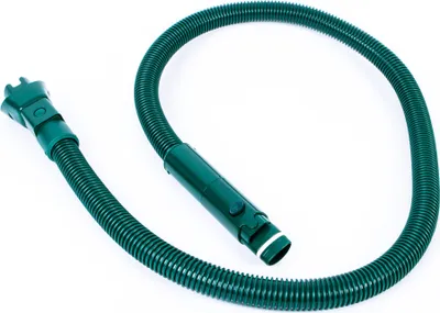 A green vacuum cleaner hose is shown against a white background.