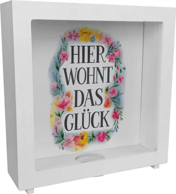 Produktbild von Hier wohnt Glück Rahmen Spardose aus Holz Blumenkranz