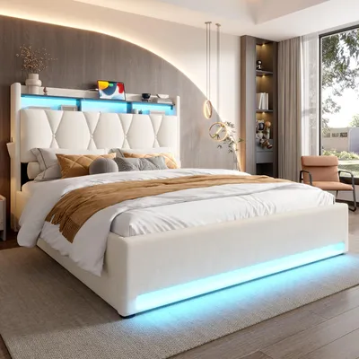Produktbild von Zerbaco Polsterbett, Doppelbett, 140x200 cm, mit Bettkasten, hydraulisch, mit LED-Beleuchtung, USB und Type-C, Stauraum-Kopfteil, Beige, ohne Matratze
