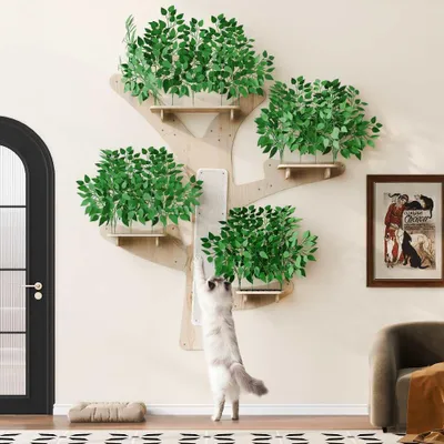 Produktbild von Baumförmiger Wand-Kratzbaum aus massivem Kiefernholz, mit Kratzflächen & Plattformen, stabil & dekorativ, 155x210 cm