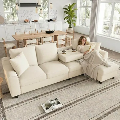 Produktbild von Chenille L-Form Sofa 3-Sitzer + Chaiselongue Ecksofa Chaiselongue mit aufklappbarem Stauraum klappbare Rückenlehne mit Getränkehaltern
