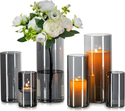 Image de set de 6 vases en verre gris Vase cylindrique - Vase de fleurs moderne pour décoration de table 10/15/20cm