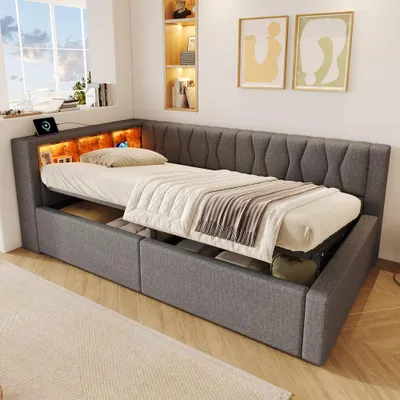 Produktbild von Daybett, Schlafsofa mit LED Beleuchtung, mit USB-Anschluss, Regal, Bettkasten, Hydraulische Lagerung, Leinen, Grau, 90x200cm