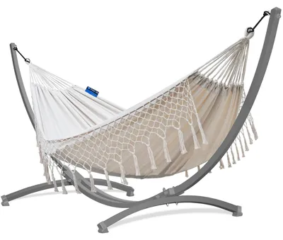 Produktbild von Potenza Outdoor Hängematte mit Gestell für 2 Personen I Baumwolle Doppelhängematte XXL 220x160, 200kg I Grau Hängemattengestell 220kg, wetterfest