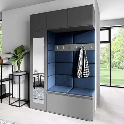 Produktbild von Garderoben-Set "MIKA" Kleiderschrank mit Polsterplatten Schuhschrank Schrankaufsatz und Hängeschrank – Ideal für Eingangsbereich (Graphit, Trinity 30)