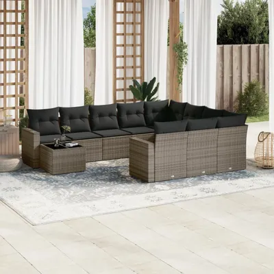 Produktbild von Design 11-tlg. Garten-Sofagarnitur mit Kissen Grau Poly Rattan, Gartensofas 2024 Neu