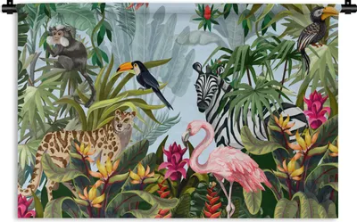 Produktbild von MuchoWow® Wandteppich Wandbehang Dschungel - Natur - Jungen - Mädchen - Kinder - Zebra - Flamingo 60x40 cm Tapisserie Dekoration Wandtuch - Wanddekorationen
