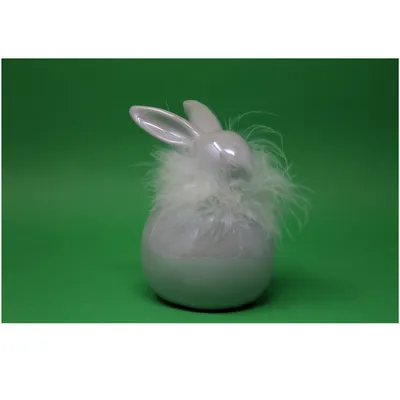 Produktbild von Hase grau glänzend aus Porzellan mit weißem Federnkranz 12cm Hoch