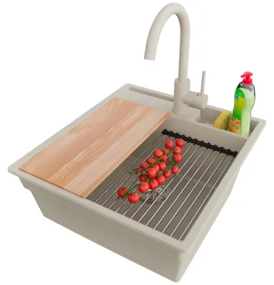 Produktbild von PRIMAGRAN Granitspüle Beige 48x53cm, Spülbecken 1 Becken + Ablauf-Set + Küchenzubehörset, Küchenspüle ab 50er Unterschrank - Oslo Pocket