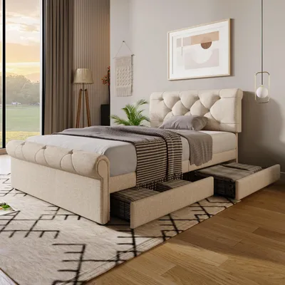 Image de MODFU Lit rembourré 90×200 avec tête de lit réglable, lit avec rangement et 2 tiroirs, cadre de lit pour jeunes avec sommier, sans matelas, naturel