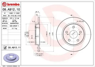 Produktbild von 2x BREMBO Bremsscheibe 08.A912.10 für TOYOTA AURIS (NZE18_ ZRE18_) 37mm 270mm