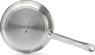 The underside of a stainless steel frying pan with a handle, shown against a white background.