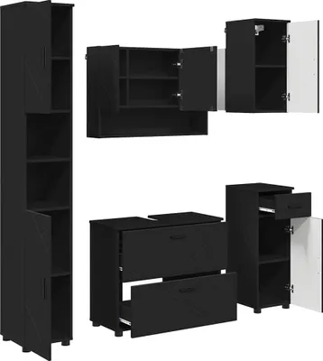 Productafbeelding van Badkamerkastset met deur, 5 stuks, zwart, van multiplex en metaal