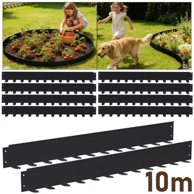 Produktbild von Ikodm Flexible Rasenkante 100x10 cm, 10m Set (10 Stück) - Mähkante & Beetumrandung aus Stahl, inkl. Befestigungsheringe für Pflastersteine & Gartengestaltung, Schwarz