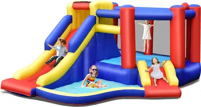 Produktbild von GOPLUS Aufblasbarer Hüpfburg, mit Kinderrutsche&Kletterwand&Trampolin, mit aufblasbarem Basketball, Planschbecken für 3-4 Kinder bis 120 kg, inkl.Tragetasche, 383x313x182cm (Ohne Gebläse)