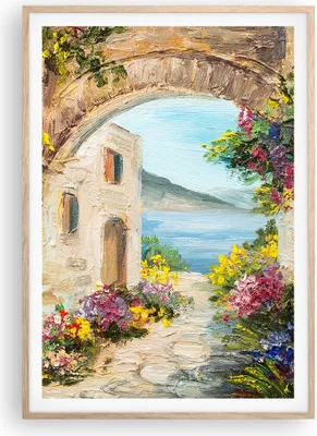 Produktbild von Gerahmtes Poster - Rahmen in heller Eiche - Haus Santorini Blumen - 70x100 cm - Wand Bild - Wanddeko - Wandbilder - Wandposter - Bilderrahmen - Bilder - Kunstdruck - Wandbild - P2NPA70x100-4191