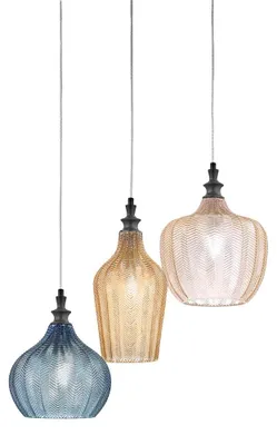 Image de Suspension Triple Cleofe S/3 Multicolore - Noir Mat Métal Verre Mélange Ambre Ocre Cobalt 3X E27 - Gealuce