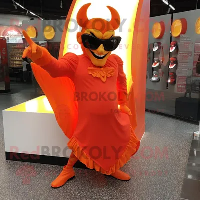Immagine prodotto di Personaggio del costume della mascotte REDBROKOLY del diavolo arancione vestito con un abito da sera e occhiali da sole