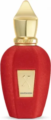 A product shot of a red perfume bottle with a gold cap and label.