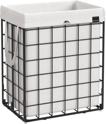 Produktbild von Wäschekorb 90L, faltbarer Wäschekorb, abnehmbarer und waschbarer Wäschebeutel, Metallrahmen für Schlafzimmer, Badezimmer, Waschküche, schwarz und weiß