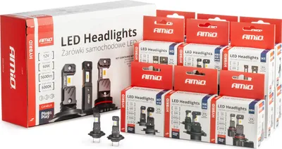 Imagen del producto de Juego de bombillas LED híbridas para automóviles, modelos H1, H3, H4, H7, HB3, HB4, 6000K, con tecnología Canbus, marca AMIO, paquete de 16 unidades