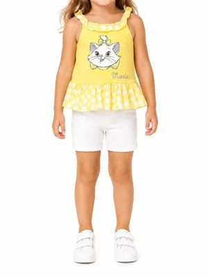 Produktbild von 70432 Mädchen Sommer-Set Gelb Gr. 68 – T-Shirt & Bermuda – Süßes Katzenmotiv – Weich & Bequem – 2-teiliges Baby-Outfit