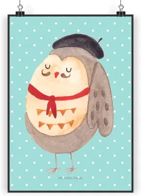Produktbild von Mr. & Mrs. Panda Bild Eule Frankreich DIN A4 - Türkis Pastell - Geschenk, Französisch, Das Leben Ist schön, Wanddekoration, drucke, Plakat, wanddeko, Owl, Wandbild