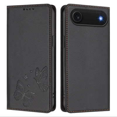 Obrázek produktu pro Kožené pouzdro pro iPhone Air, motýlí ražbou, peněženkové flip pouzdro se stojánkem Černá