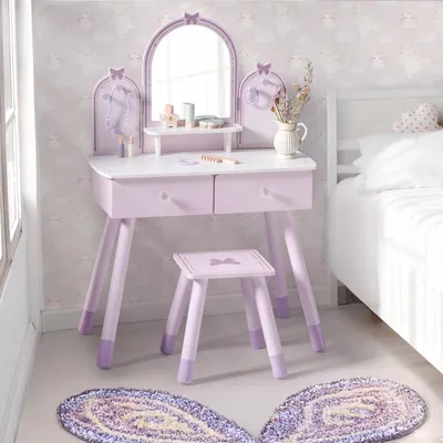 Image de Table de maquillage pour enfants ROBUD en bois, avec tabouret, miroir et accessoires