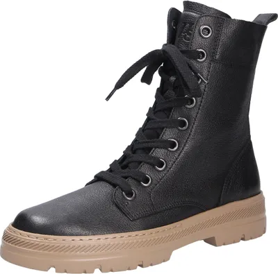 A black leather lace-up boot with a tan sole, shown against a white background.