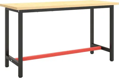 A workbench frame with a wooden top and black metal legs, featuring a red crossbar.