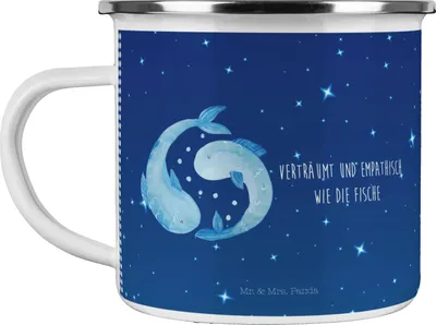 Produktbild von Mr. & Mrs. Panda Haferl Sternzeichen Fische - Sternenhimmel Blau - Geschenk, becher emaille, Geburtstag Februar, Teetasse, März, Kaffeepott, Tasse, Pott, Fisch, Sternbild