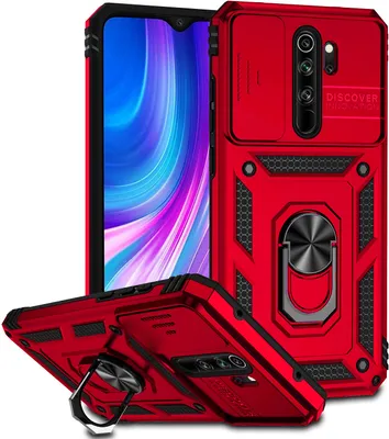 A red phone case with a sliding camera cover and a ring holder is displayed on a white background.