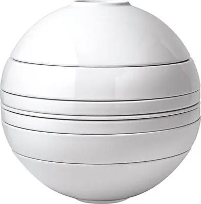 A stack of white bowls forming a sphere.