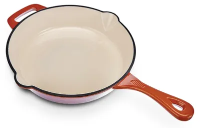 Productafbeelding van GSW braadpan van gietijzer, diameter 26 cm, met 2 uitgietpunten, oranje-rode geëmailleerde coating