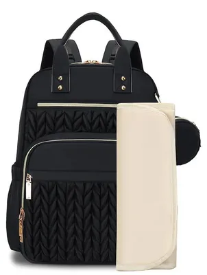 Produktbild von Wickeltasche - Rucksack - Mit Wickelunterlage - 38-cm-Laptopfach - Großes Fassungsvermögen - 3 Isolierte Flaschenhalter - Multifunktional - Schwarz