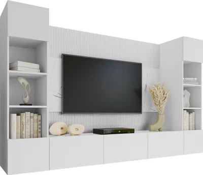 Produktbild von MIRJAN24 Wohnwand Deromi I, Wohnzimmer Möbel Set, Griffloses Öffnungssystem push to open, 4er-Set (Farbe: Weiß / Weiß + Weiß Marmor)