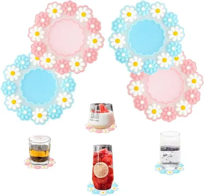 Image de Lot de 4 sous-verres en silicone souple antidérapants (2 roses + 2 bleus) pour la décoration de la table