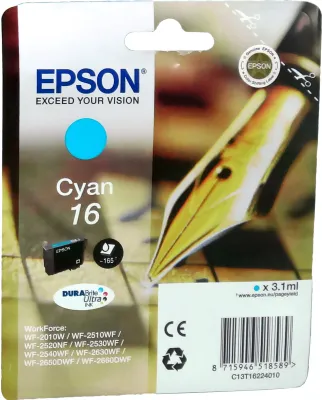 Produktbild von Epson Pen and crossword Singlepack Cyan 16 DURABrite Ultra Ink, Standardertrag, Cyan, 3,1 ml, 1 Stück(e), 165 Seiten, Einzelpackung