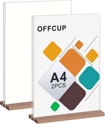 Produktbild von 2 Stück Acryl Tischständer A4 mit Holzfuß - Doppelseitiger T-Stand für Menüs und Fotos in Restaurants, Cafés und Büros.