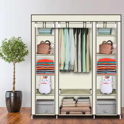A portable closet with shelves and hanging space, filled with clothes and accessories.