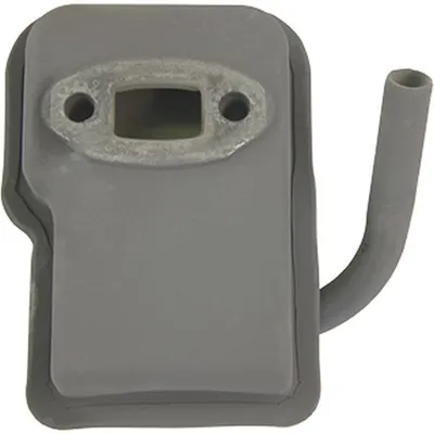 A close-up studio shot of a gray muffler with a silver metal flange and a curved gray pipe extending from the right side.