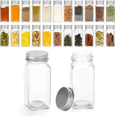 Produktbild von Jayseuw Gewürzgläser Eckig 12 Stück 120ml Glas Gewürzdosen mit Streueinsatz, Wasserdicht Etiketten, Trichter, Reinigungsbürste Gewürzbehälter für Gewürz Küchenzubehör, Silber Aluminiumdeckel
