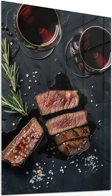 Produktbild von Glasbild 50x75cm in XXL für Wohnzimmer, Schlafzimmer Motiv Steak und Rotwein