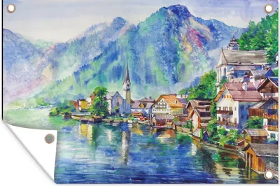 Produktbild von MuchoWow® 60x40 cm Outdoor-Poster Gartendeko Sichtschutz Garten Poster für den Garten  Malerei - Architektur - Wasser - Berge - Öl