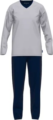 Produktbild von TOM TAILOR Herren Schlafanzug - Pyjama, Baumwolle, V-Ausschnitt, Logo, einfarbig, lang Hellgrau/Dunkelblau XXL
