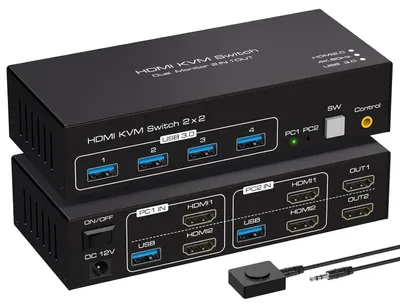 Zdjęcie produktu dla Przełącznik KVM HDMI dla 2 komputerów i 2 monitorów, obsługujący rozdzielczość 4K przy 60 Hz, z 4 portami USB 3.0