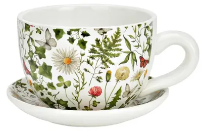 Produktbild von Pflanztasse aus Keramik mit Unterteller, Blumentopf in Tassenform, Deko-Pflanzgefäß,Blumentopf in versch. Größen und Designs